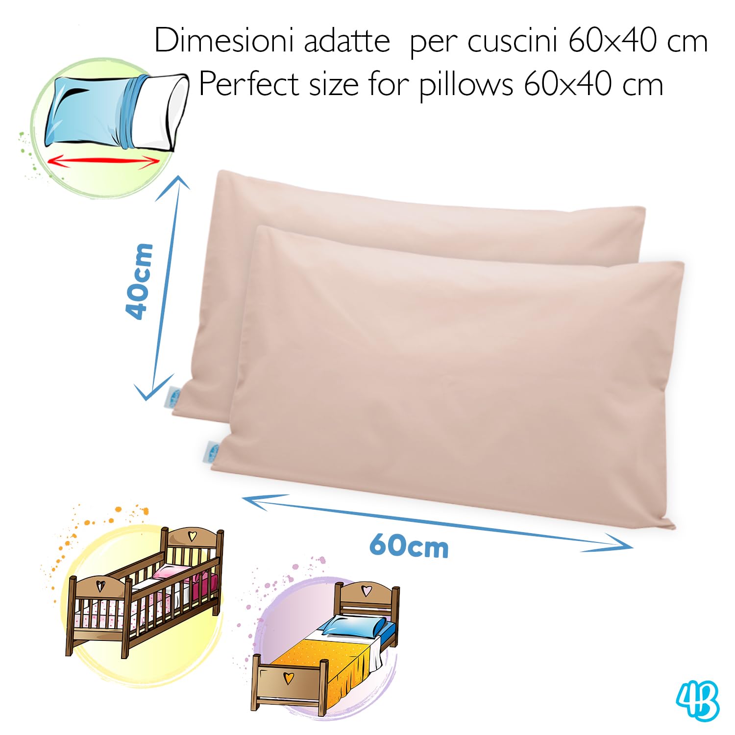 Taie d'oreiller 60x40 cm pour Enfant - Lot de 2 taies d'oreiller pour lit bébé et lit 100% Pur Coton - Made in Italy - Fermeture à enveloppe - Certifié Oeko-TEX - Rose