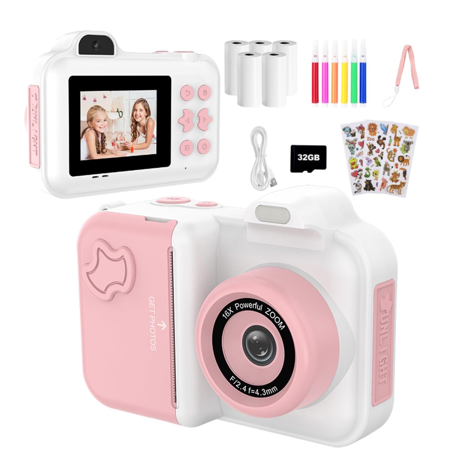 Fotocamera a stampa istantanea for bambini Mini videocamera digitale Doppia lente Stampa fotografica Carta termica Giocattoli Fotocamera Ragazzi Ragazze Regali(White Purple)
