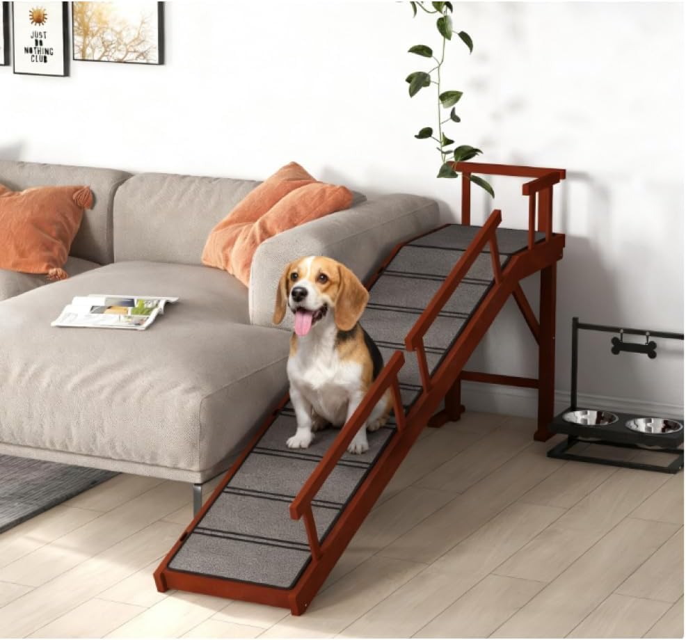 Wooden Dog Ramp with Removable Guardrails, Non-Slip Surface, Brown