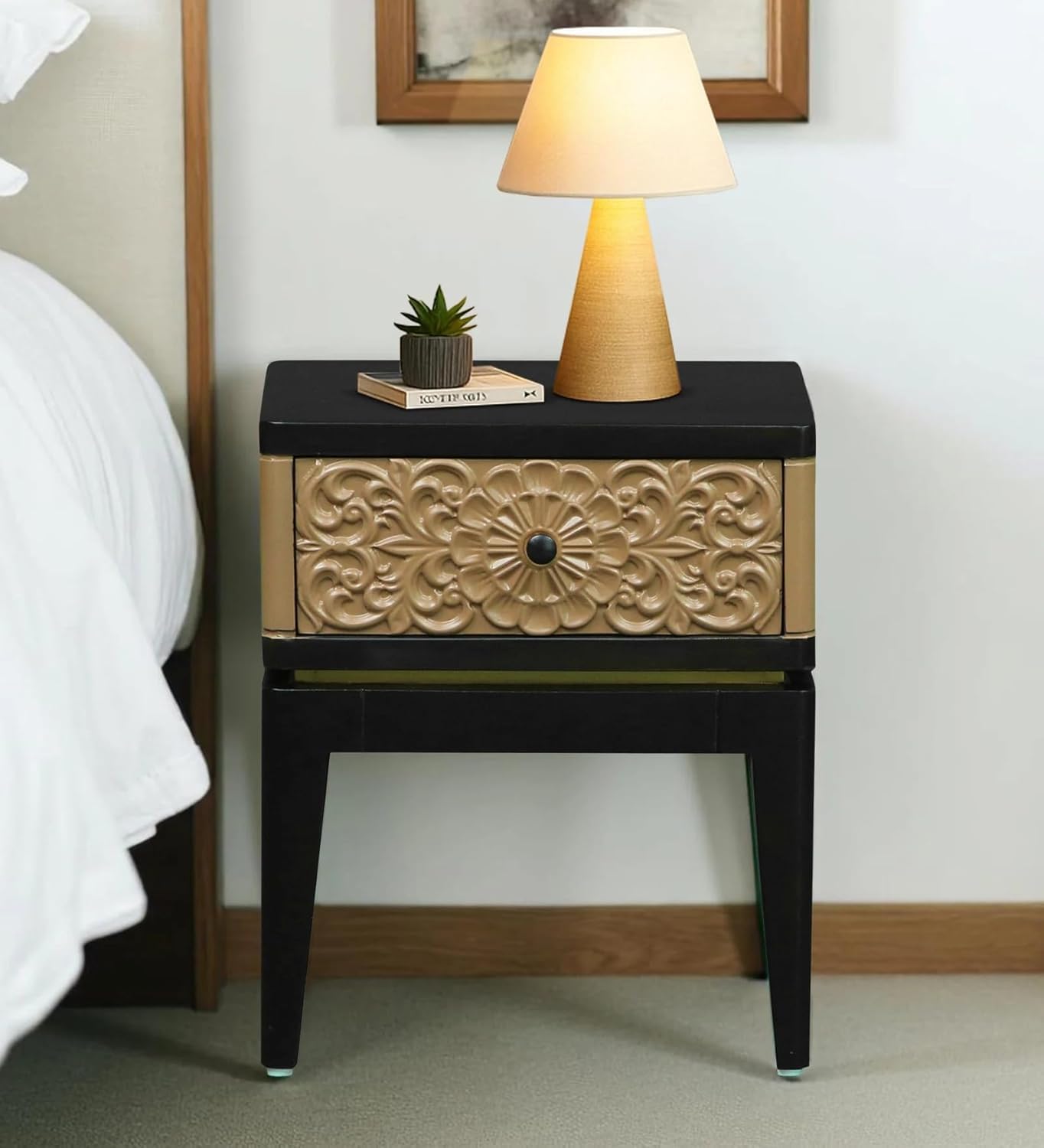 Rathkaar Solid Mango Wood Bedside Table for Bedroom, Wooden Nightstand with 1 Drawer Storage, Sofa Side End Table, Lamp Table for Living Room & Bedroom, Black & Golden Dual Tone Finish-image-40