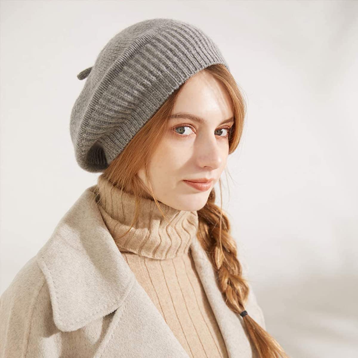 Sombrero de Boina de Punto para Mujer, Gorro de Lana de Color Sólido de Cachemir 100%, Gorra/Beanie de Punto Cálido Gorro de Boina Clásico de Invierno Otoño, Regalo para Navidad/Año Nuevo Gray