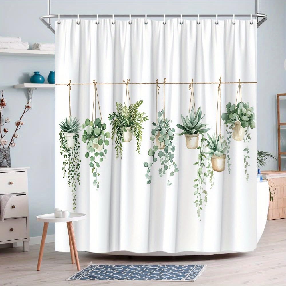 Uiyiui Multicolor-4 Minimalist Green Plant Shower Curtain 35X63in/90X160cm/Wxh Hanging Potted With White Pots Golden Strings Soft Polyester Fabric Bathroom Curtain With Hooks