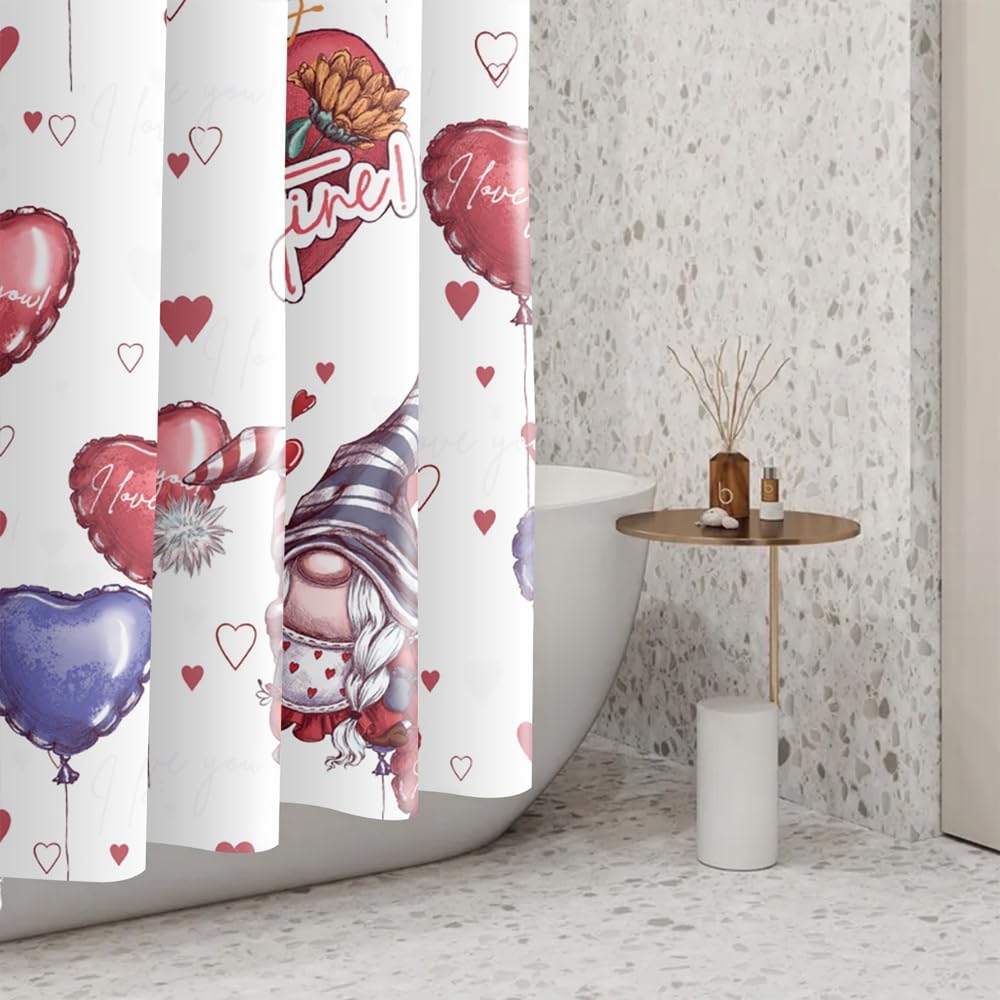 Happy Valentine's Day Shower Curtain Be My Valentine Couple Gnomes Love Heart Balloons for Bathroom Decor Festival Romantic Style Bath Curtains Set with Hooks, 72x72 Inch