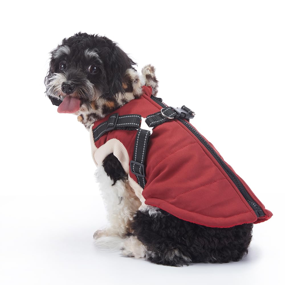 BT Bear Dog Winter Coat,Dog Warm Jacket Plush Collar Reflective With Harness Puppy Cold Weather Vest Windproof Pet Outdoor Clothes for Puppy Small Dogs(M,Red)