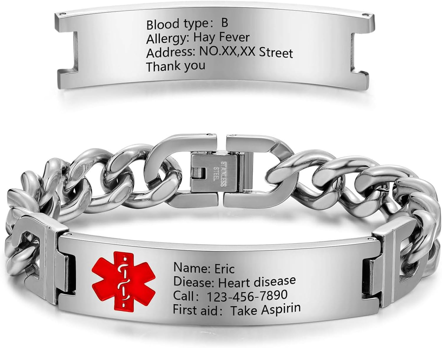 Personalized Emergency Alert Medical Bracelets - Engraved Medic Info Adjustable Bracelet for Men Women Custom Medical Gifts for Her Him Family Custom Stainless Steel Medical Alert ID Bracelet for Men