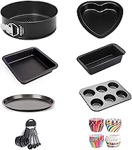 Xacton 8-in-1 Cake Mould Baking Set Combo of Round, Heart, Square, Bead Mould, Pizza Tray, 6 Slot Muffin Tray, Cake Cup Liners, and Measuring Cups and Spoon for Microwave Oven OTG Safe Baking tin