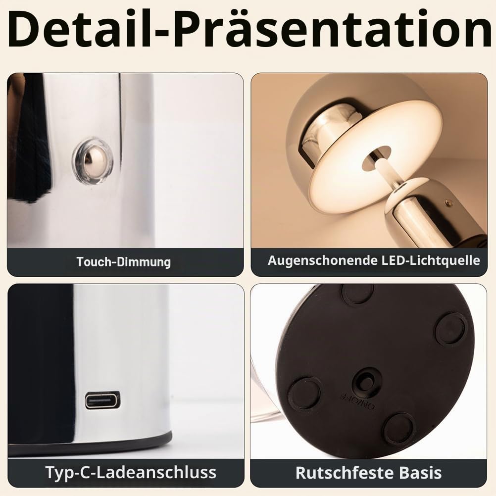 AoLa Pilz Tischlampe Kabellose Pilzlampe 2000mAh Akku Tischleuchte Dimmbar Touch Control Nachttischlampe Ohne Kabel USB Aufladbar Batterie Lampe für Restaurant Schlafzimmer Wohnzimmer, Silber