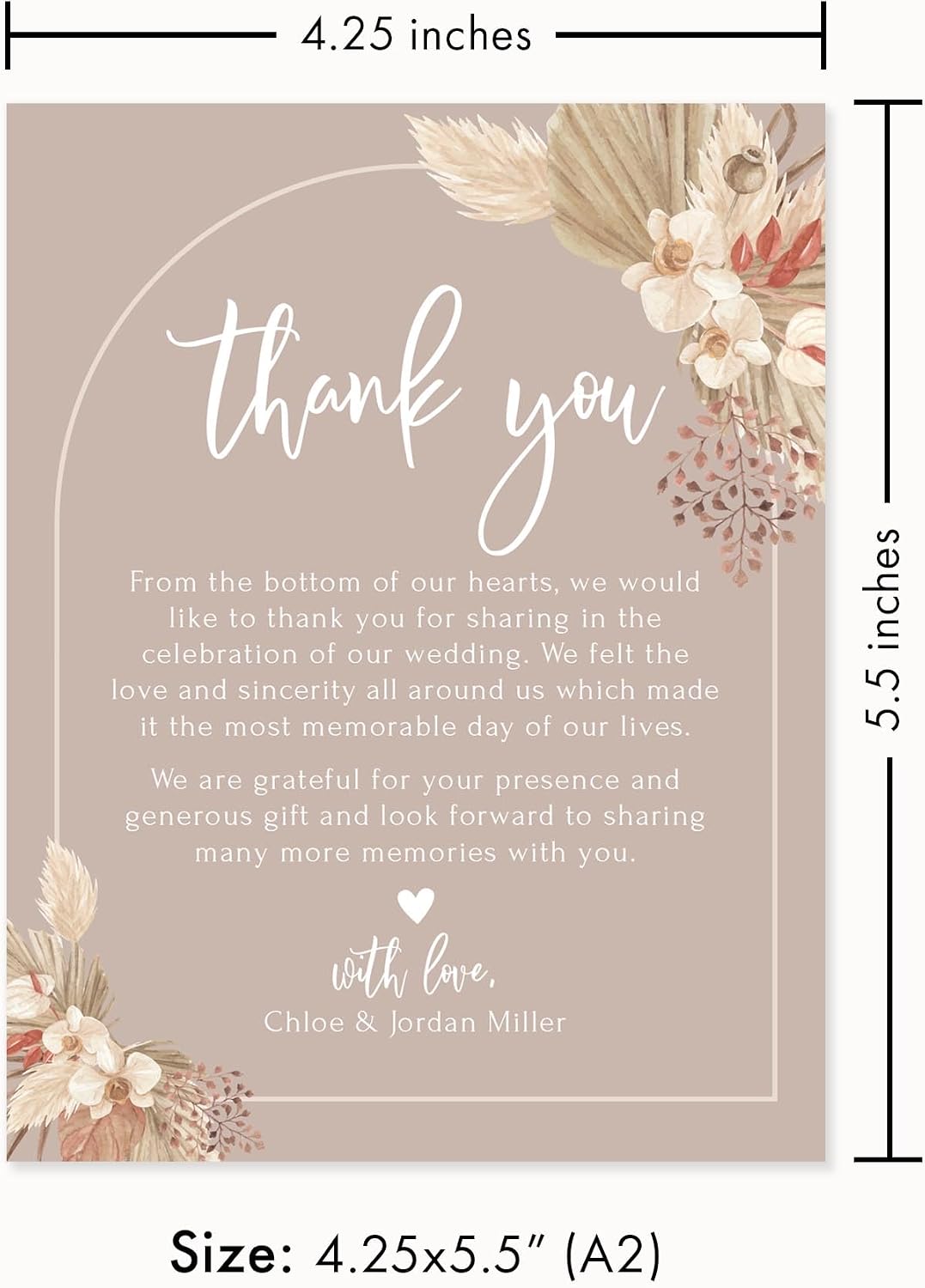 Pampas Grass Personalized Wedding Thank You Cards with Message, 4.25x5.5 Flat Boho Thank You Note Cards with Envelopes