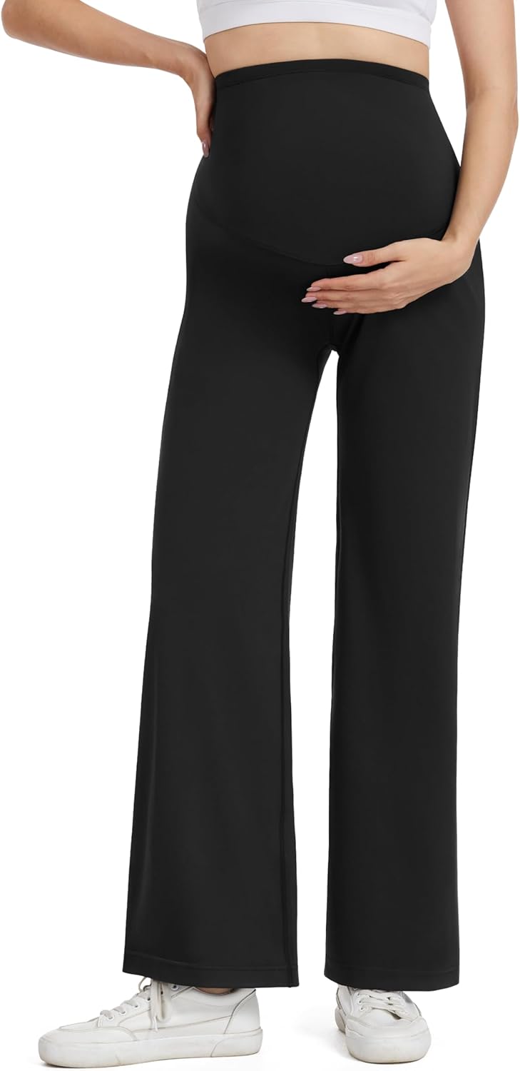 Maternity Wide Leg Pants Over The Belly - Buttery Soft Pregnancy Dress Work Pants with Pockets Yoga Lounge Casual - Image 2