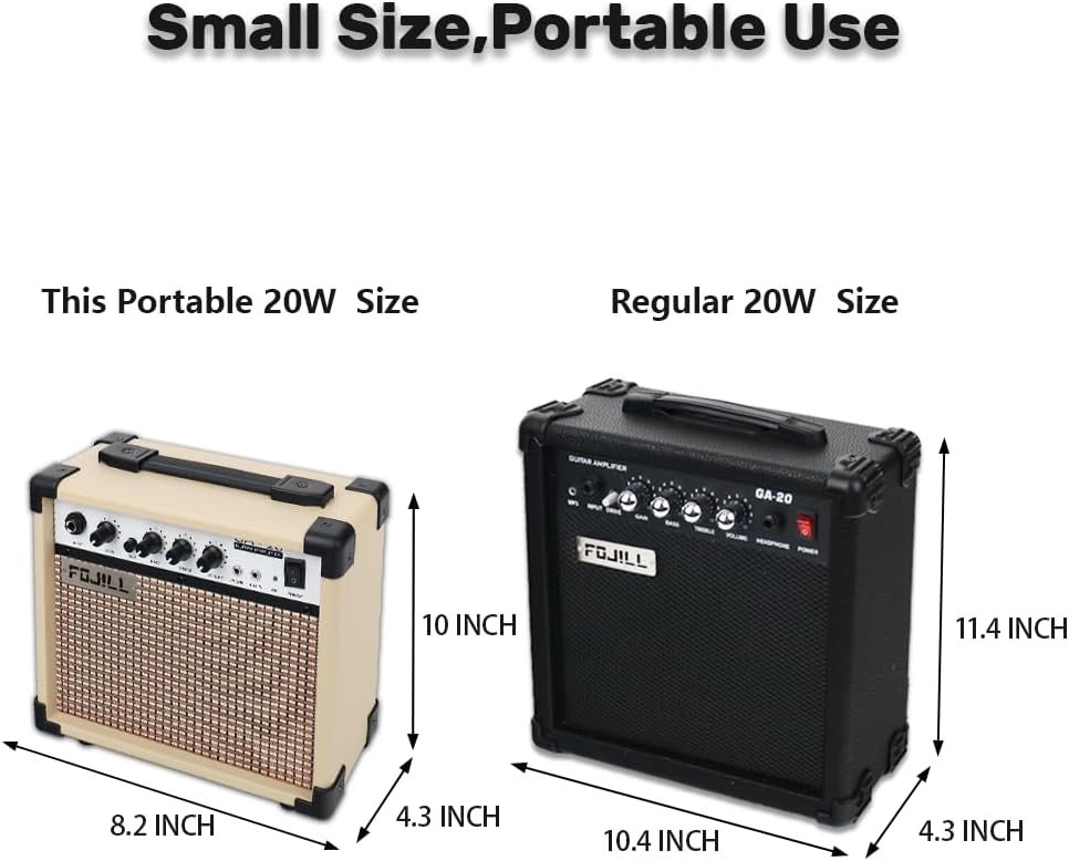 Fojill 20W Watt Electric Guitar Amplifier Amp Practice Small Portable Travel Mini Amp with 3.5 Headphone Jack Aux Distortion Gain Treble Bass Volume (Cream, 20W)