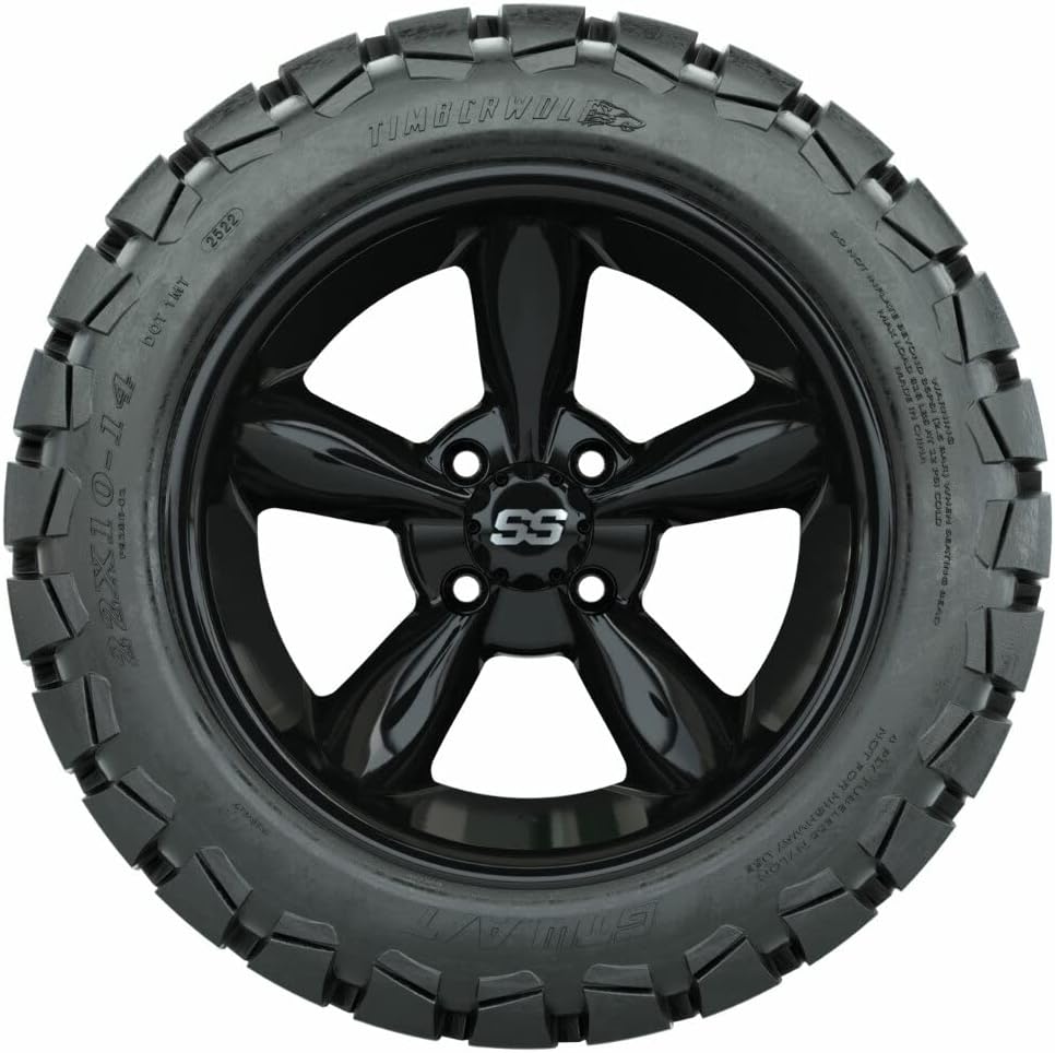 GTW 14 Inch Golf Cart Wheels and Tires Combo | Gloss Black Godfather Wheels on 22x10-14 Timberwolf All Terrain Tires | Set of 4 (Gloss Black)