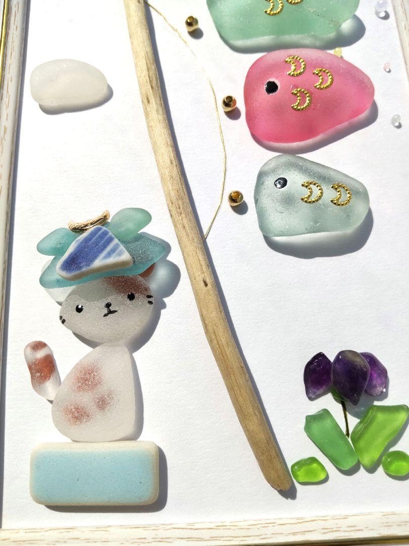 Amazon | シーグラスアート にゃんこと鯉のぼり こどもの日のアート