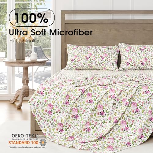 Image of FreshCulture Floral Bed Sheets - Ultra Soft King Size Sheets Set - Brushed Microfiber Floral Sheets - Deep Pockets - Easy Care - Hotel Luxury 4 Piece Flower Printed Sheets King, Aquarelle