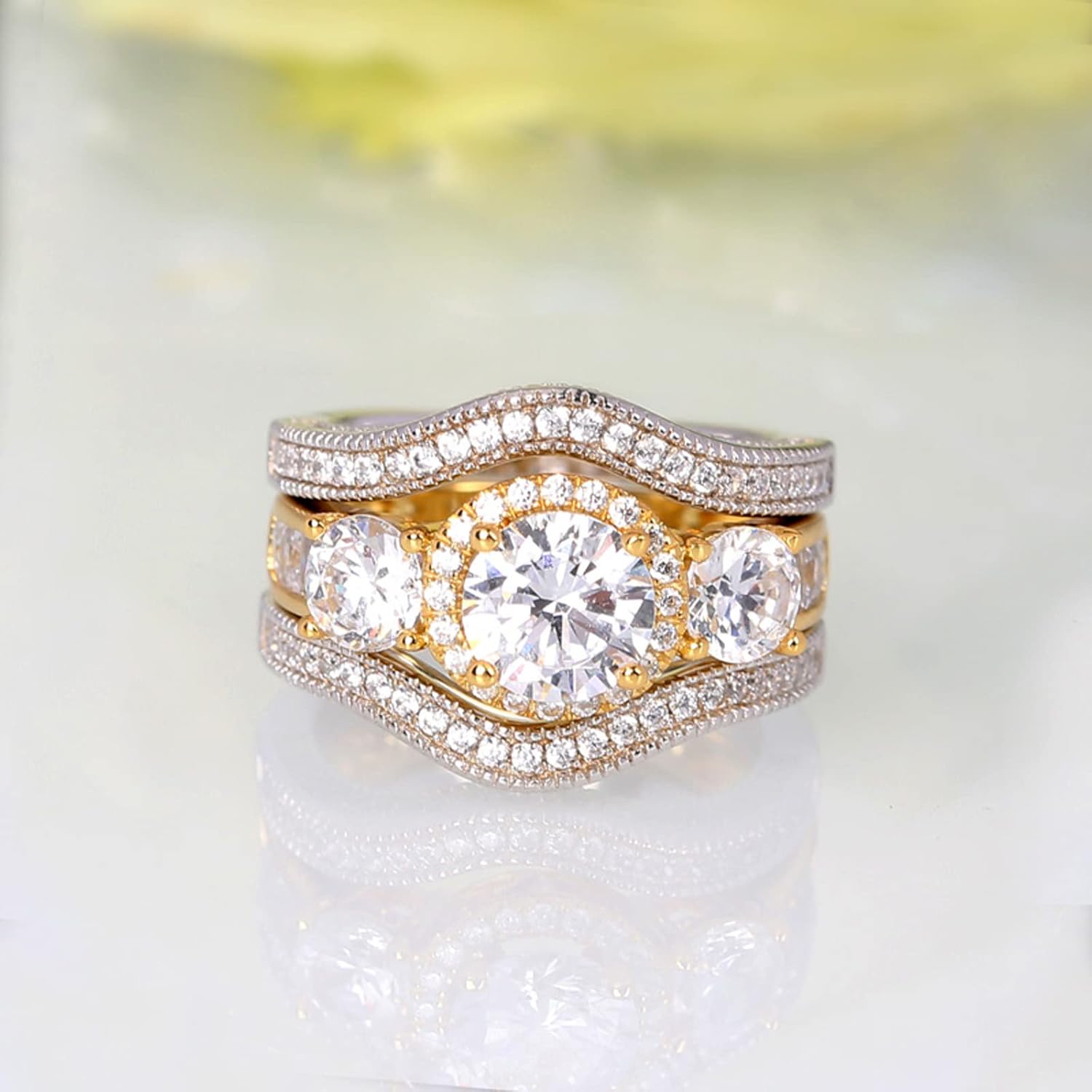 Jeulia Three Side Pave Wedding Ring:Sterling Silver Eternity Halo Enhancer Round Cut Bridal Set Gold Anniversary Promise Valentine's Band with Jewelry Gift Box