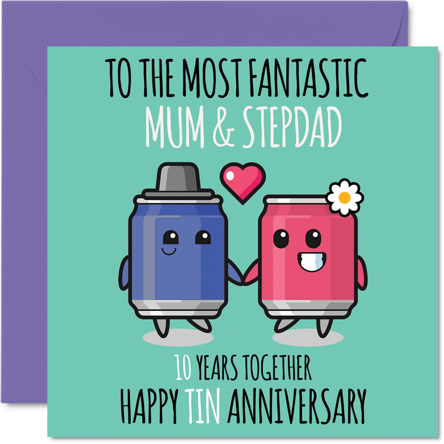 Cute Tin Anniversary Card for Mum & Step Dad - 10 Years Together - Happy 10th Wedding Anniversary Cards for Step Dad Mum, 145mm Greeting Cards Anniversaries
