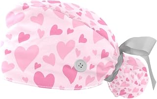 Pink Cute Prints 2 Pcs Unisex Working Cap with Button Sweatband Adjustable Tie Back Bouffant Hats