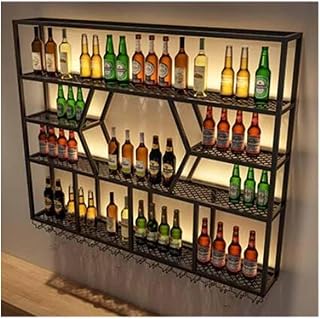 Botellero LED montado en la pared para botellas y vidrio, estantes flotantes de metal, copa colgante para barras de restauración del hogar, color negro, tamaño 150 x 20 x 125 cm