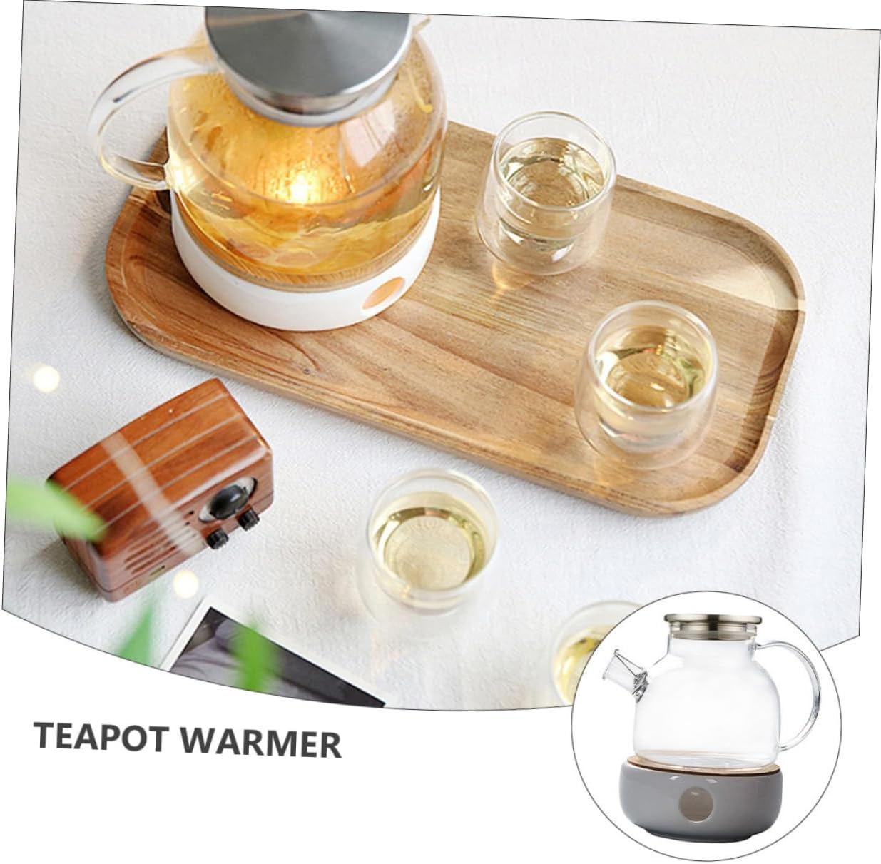 2pcs Capacious Glass Teapot with Bamboo Lid and Ceramic Warmer Heat Resistant Microwave Safe Tea Set for Loose Leaf Tea Capacity