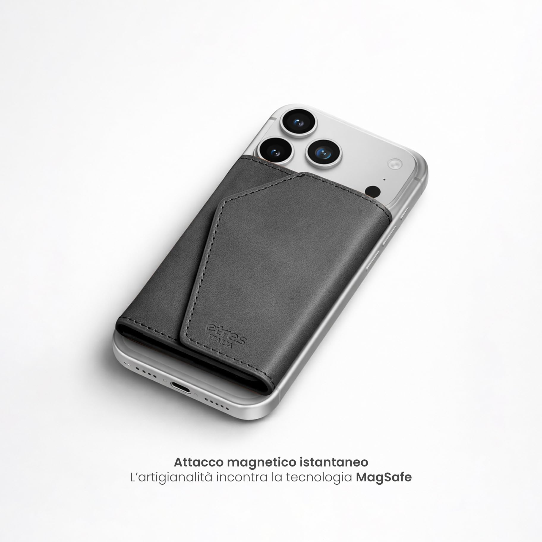Etres Portafoglio Magnetico in Pelle Italiana - Modello Roma - Fino a 6 Carte + Tasca Banconote - Compatibilità MagSafe, Protezione RFID, Anello Magnetico Incluso (CLASSICO, NERO)