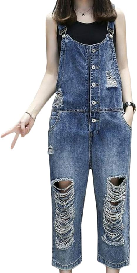 Amazon Yyq Shop オーバーオール レディース サロペット デニム ロングパンツ ゆったり ジーンズ 九分丈 ダメージ加工 ファッション オールインワン デニムパンツ 夏 ジーンズ 通販