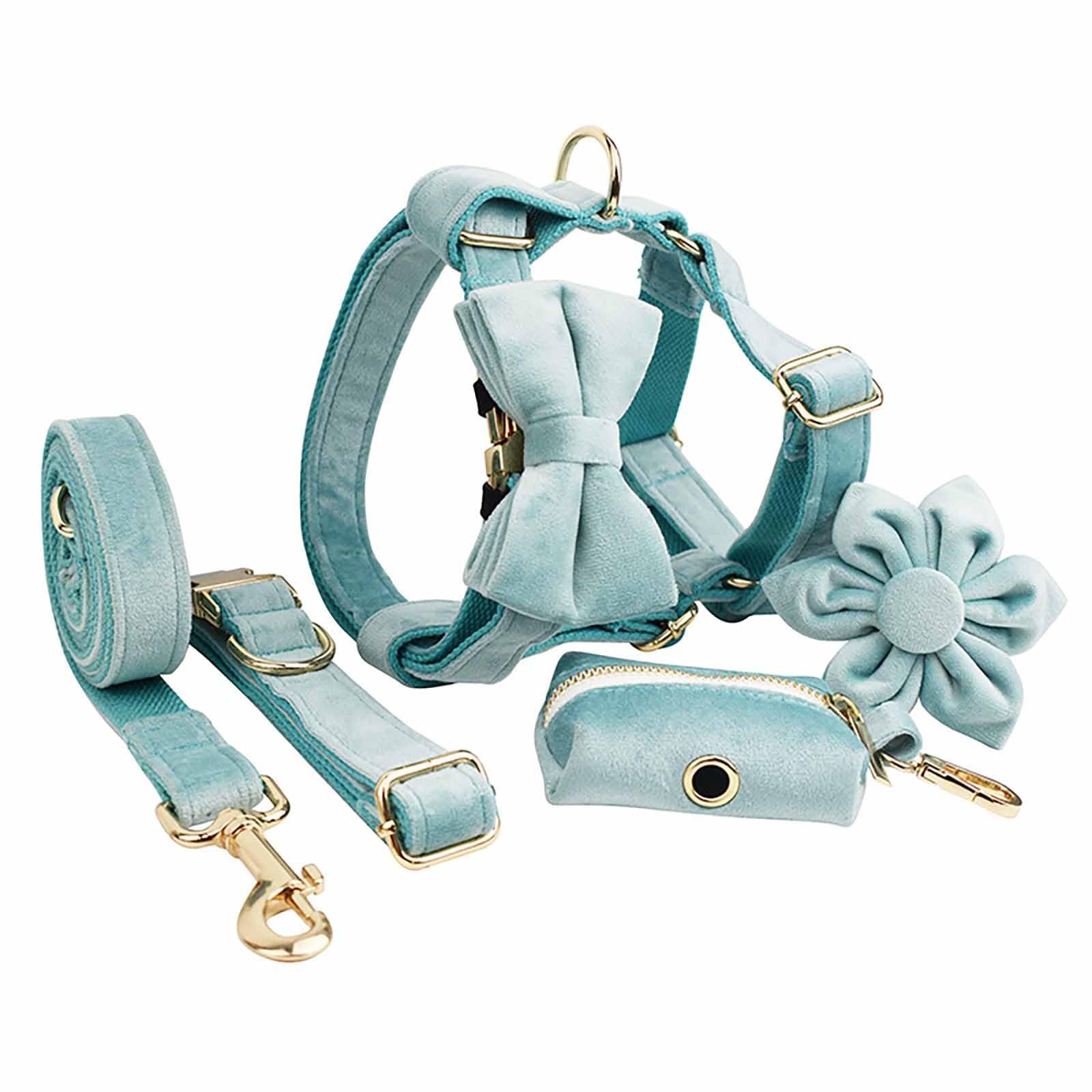 UOSIA Velvet Dog Collar and Leash Set Soft Dog Harness Girl Dog Wedding Collar with Flower Bow Dog Harness with Poop Bag Holder Easy Control Dog Vest for Walking Running