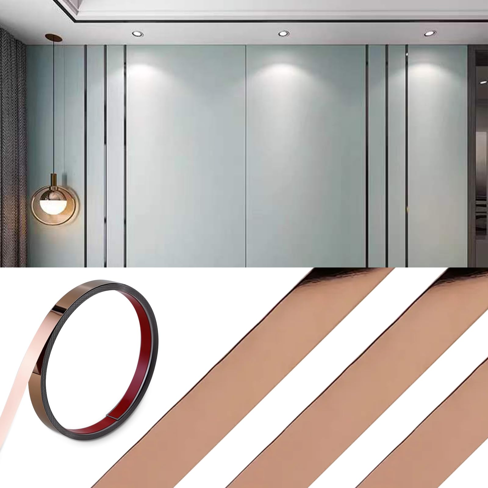 Saim Titanium Molding Trim Peel and Stick, 201 Stainless Steel Self Adhesive Background Wall Trim Molding, Wall Ceiling Floor Cabinet Tile Edge Moulding (16.4 ft x 1.57 in, Rose Gold)