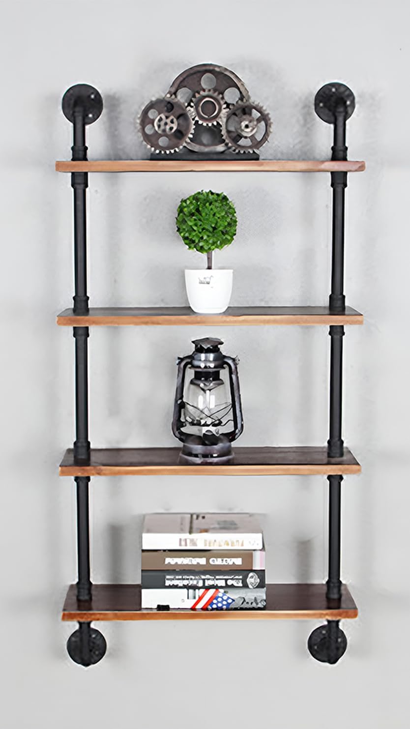 industrial pipe shelving, 24inch pipe shelves with wood planks, 4 tier floating shelves wall mounted steampunk real wood book shelves, retro rustic industrial shelf for bar kitchen living room 4-layer brown 4