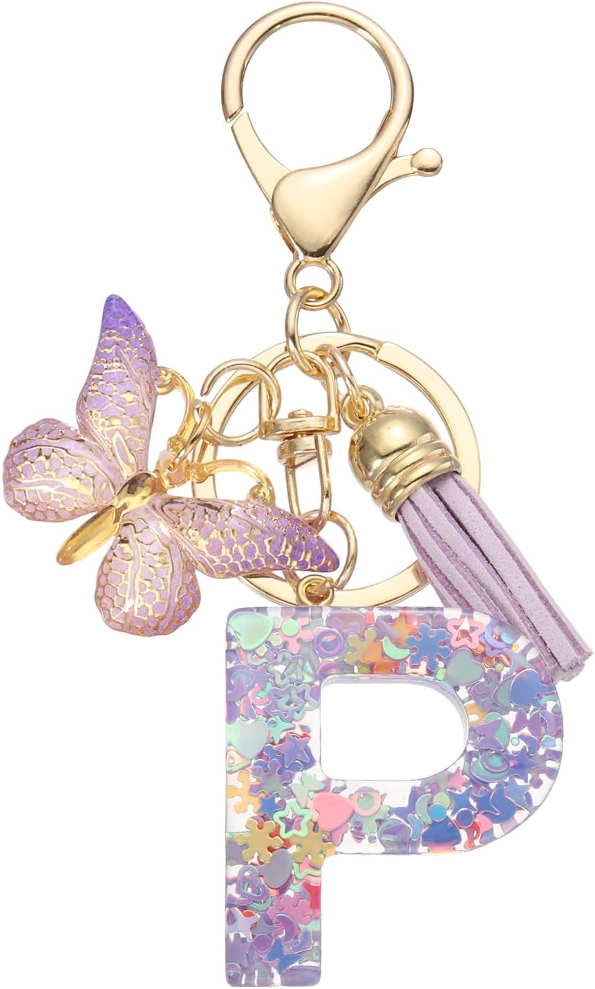 PATIKIL Alphabet Initial Letter Keychain, Crystal Cute Keychains with Tassel Butterfly Pendant Charm for Backpack Key