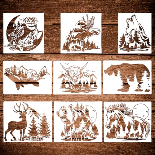9 Pcs Animal Wood Burning Stencils - Deer Bear Horse Moose Owl Fish Wolf Fence & Spray Painting Drawing Templates for Wood & Fabric DIY Crafts