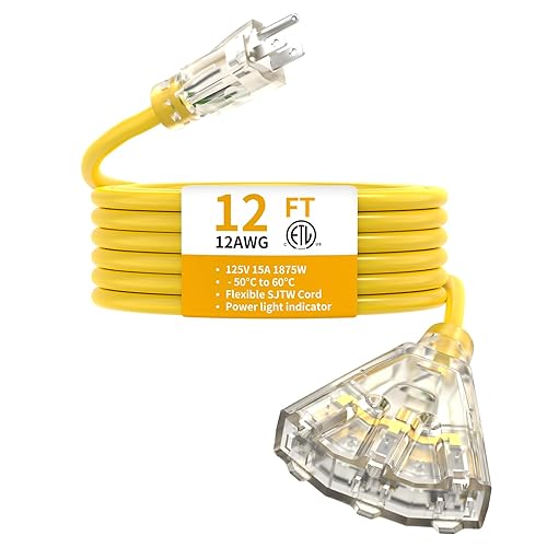 12FT 12 Gauge Heavy Duty Outdoor Extension Cord Waterproof with