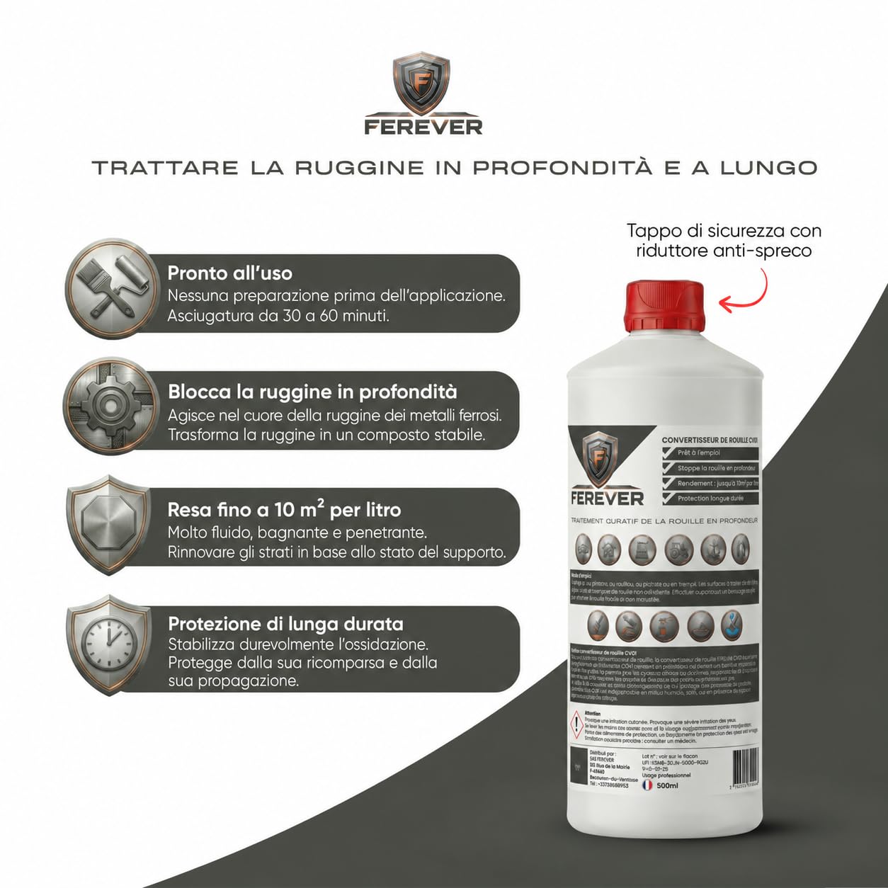 Convertitore di ruggine antiruggine in metallo | Stop Ruggine Carrozzeria Auto & Esterno | Distruttore di Ruggine – Pellicola Protettiva Nero Opaco | Pronto per la verniciatura | Pennello (2x 500 ml)