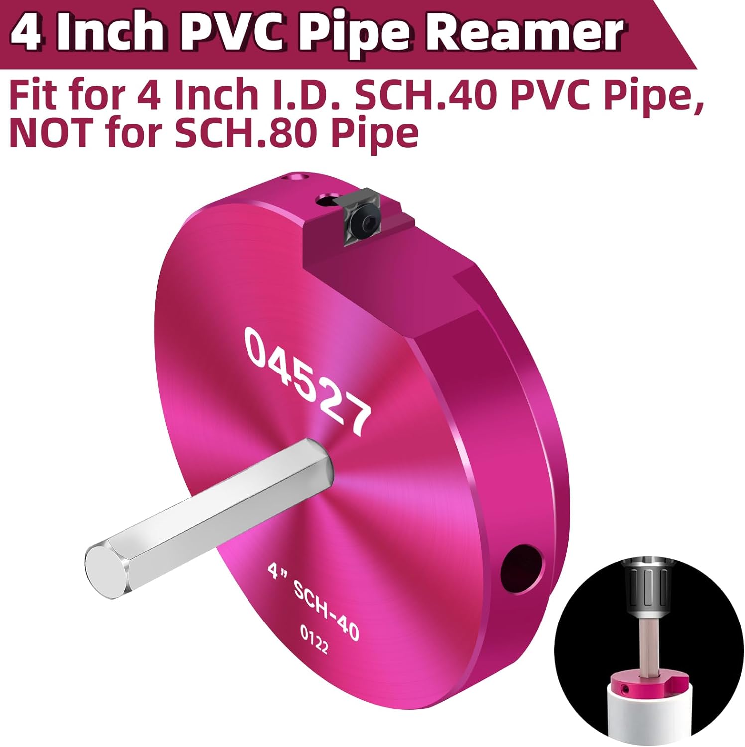 PVC Pipe Reamer for 4 Inch I.D. SCH.40 PVC Pipes, Fitting Saver with 3/8-Inch Hex Shaft,Socket Saver Plastic Pipe Fitting Reamer Tool for Plumbing Sch.40 Socket Hub Coupling Removing