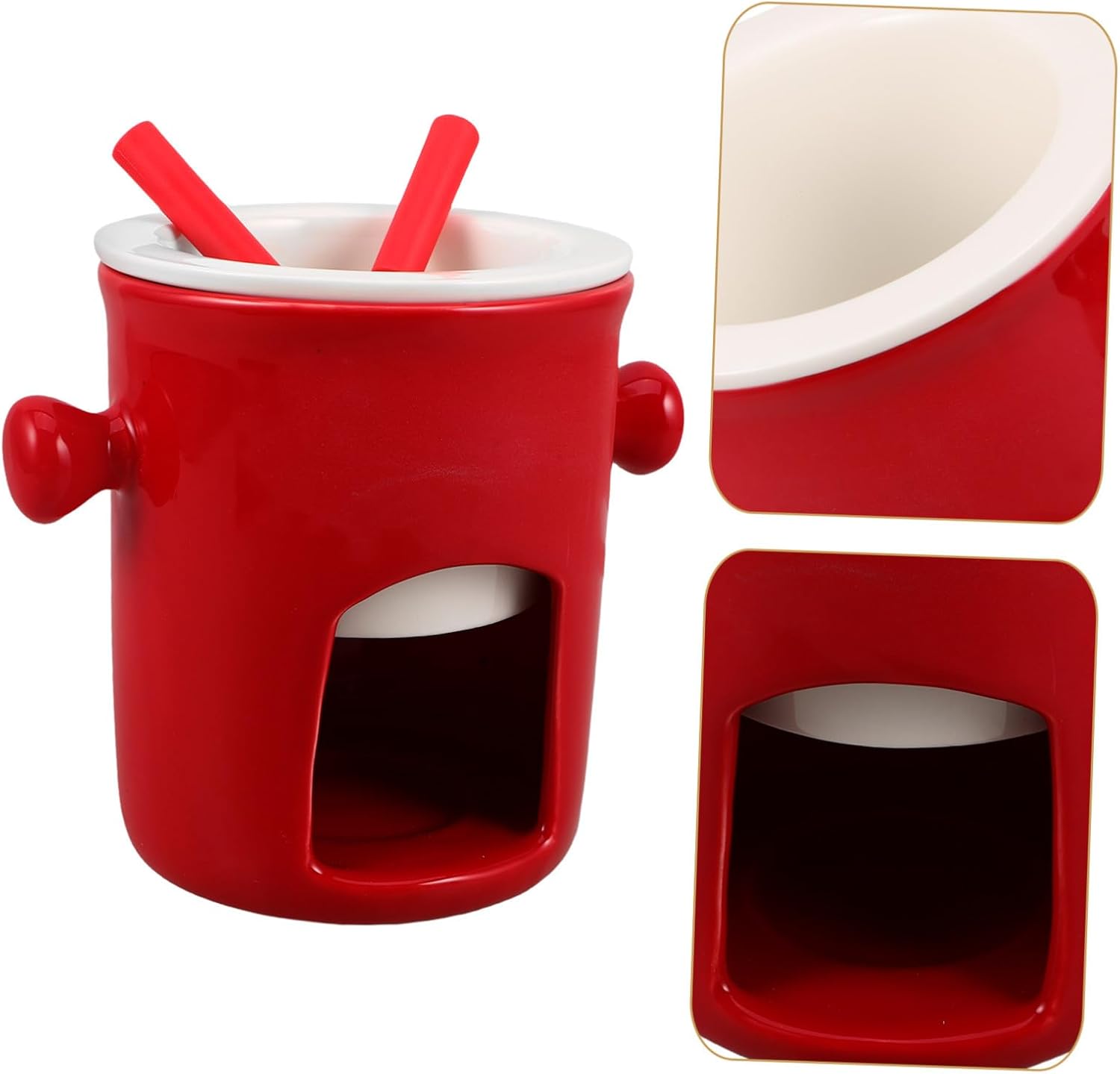 Ceramic Chocolate Melting Mug Fondue Set with Red Forks for Cheese Butter and Porcelain Heat-retaining Pot for Home Dessert Sharing and Creative Fondue Experiences