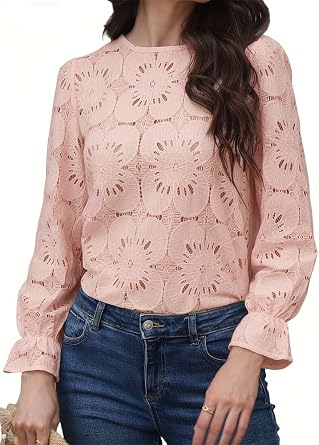 Lace Tops for Women Long Sleeve Eyelet Holiday Shirts | eyelet lace tops; Boho Blouse, Eyelet lace; Flower Embroidered blouse; Button Down Tops; Elastic cuff shirt