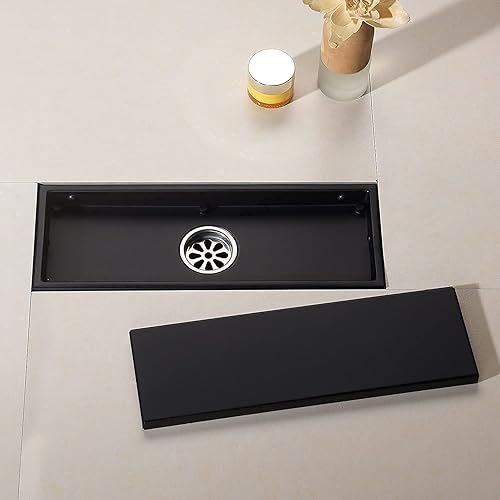 Miniatura 5 de DEOKXZ Tubo de drenaje de ducha lineal negro de 12 pulgadas con rejilla de inserción de azulejos, cubierta oculta desmontable, drenaje de piso