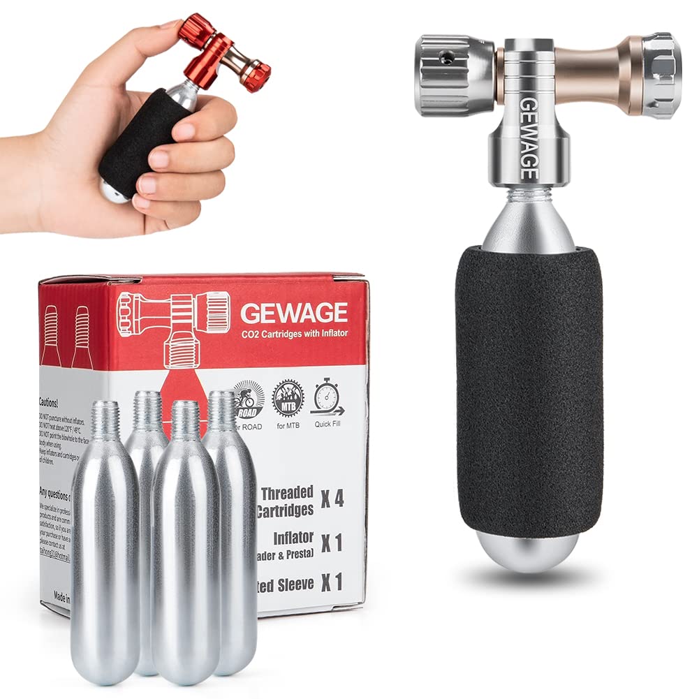 GEWAGE CO2 Luftpumpe für Fahrradreifen - CO2 Fahrradpumpe inkl. 4 Pack CO2 Kapseln 16g mit Gewinde und kompatiblen Presta & Schrader Ventil für Mountainbike und Rennrad. (Splitter)