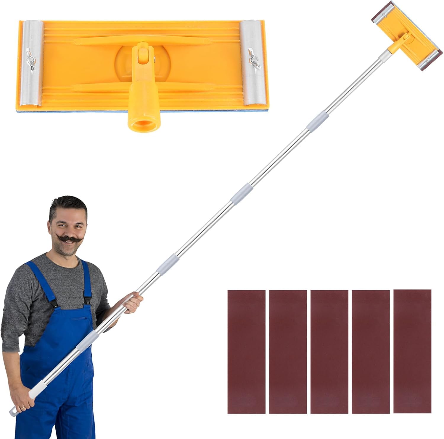 31-74 Inch Pole Drywall Sander, Wall Sanders with Extension Rod, Pole Sander, Polishing Sanding Tool for Floors, Walls, Ceilings, Corner, with 5pcs Sanding Sheets (60, 100, 180, 240, 320 Grit)
