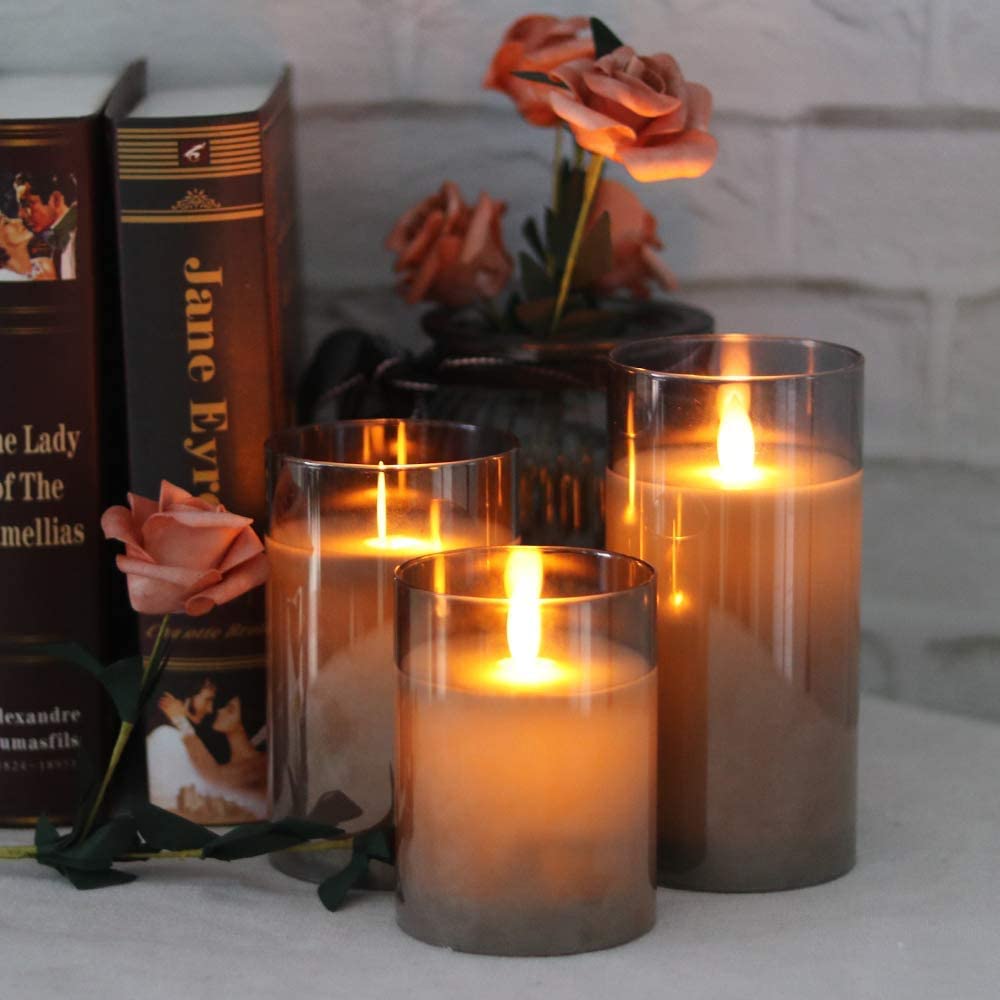 Candele LED, Flickering Flameless Candele, Candele LED a Ricaricabile con Glass, Candele con Telecomando, Realizzato in Vera Paraffina, Funzione Timer 24 Ore per Decorazione,Festa, Vacanze-10cm Grigio