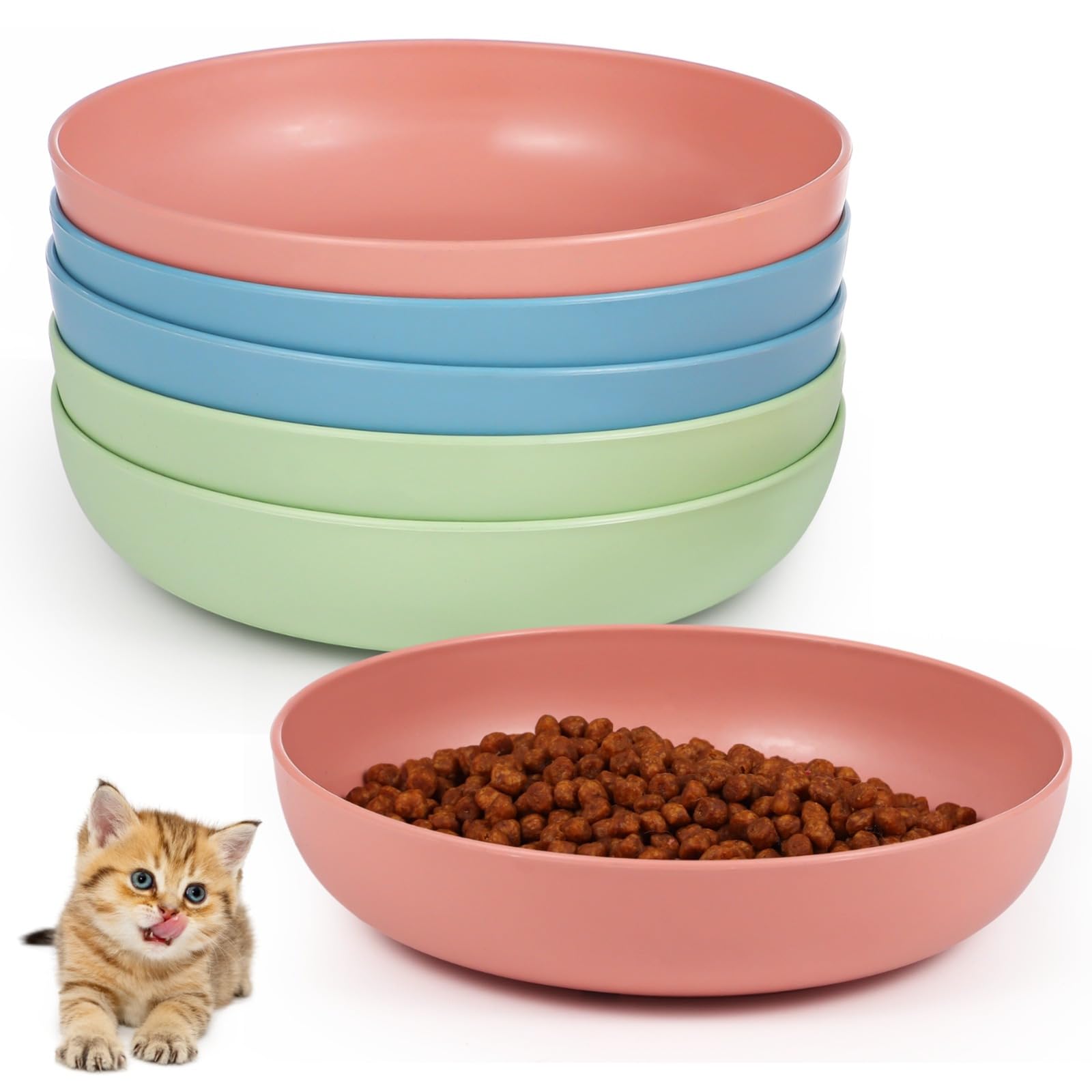 Whisker Stress-Free Cat Bowls Set of 6, Shallow Ceramic Feeding Dishes, Non-Slip, Dishwasher Safe, Ideal for Cats and Puppies