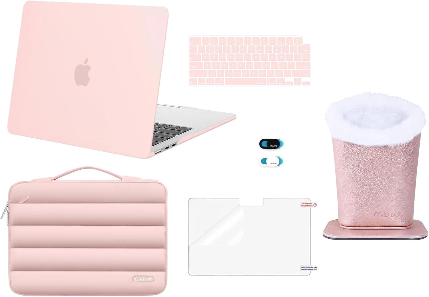 MOSISO Plush Lined PU Leather Eyeglasses Holder with Magnetic Base&Compatible with MacBook Air 13 inch Case 2025-2022 M4 M3 M2, Case&Puffy Bag&Keyboard Cover&Webcam Cover&Screen Film, Pink&Rose Gold