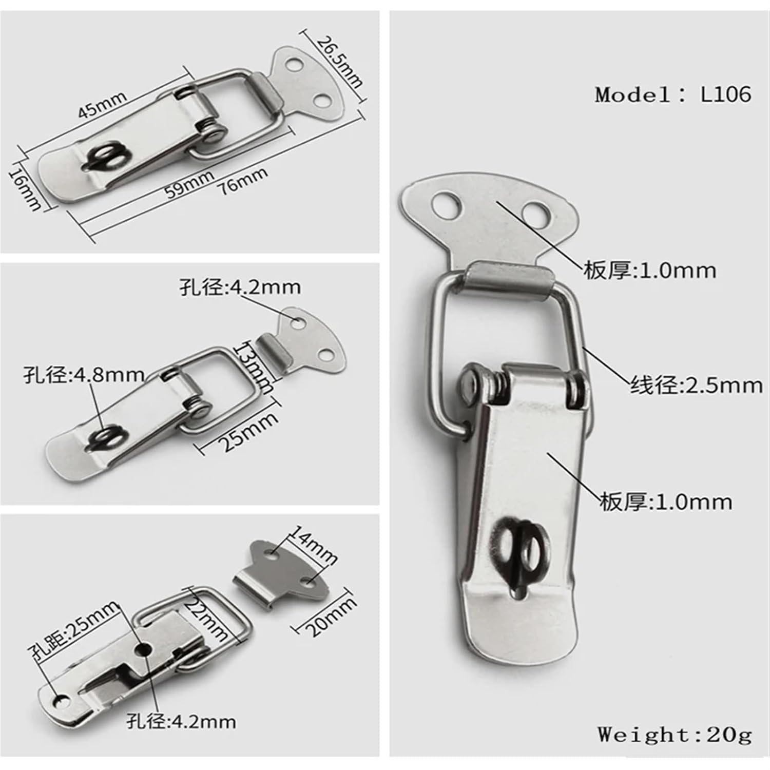 Toggle Hasp Latch Stainless Steel Iron Flat Beak Drawer Latch Lock Box Wooden Case Fixed Clasp Thickened Buckle Lock 106 1Pcs(304 Stainless Steel)