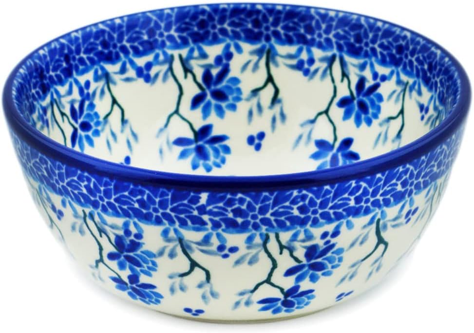 Polmedia Polish Pottery Bowl 5-inch - Blue Grapevine Pattern Handmade in Boleslawiec Poland by Ceramika Artystyczna + Certificate of Authenticity