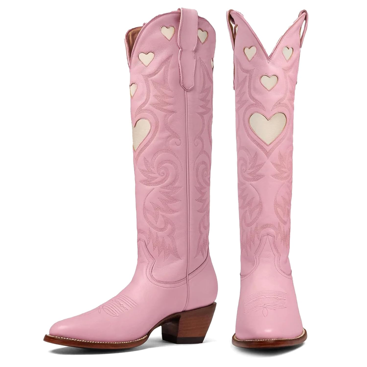 Cowboy Boots for Women Wide Calf Round Toe Chunky Stacked Heel Knee High Cowgirl Boot Heart Pattern Classic