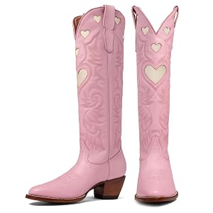 Cowboy Boots for Women Wide Calf Round Toe Chunky Stacked Heel Knee High Cowgirl Boot Heart Pattern Classic