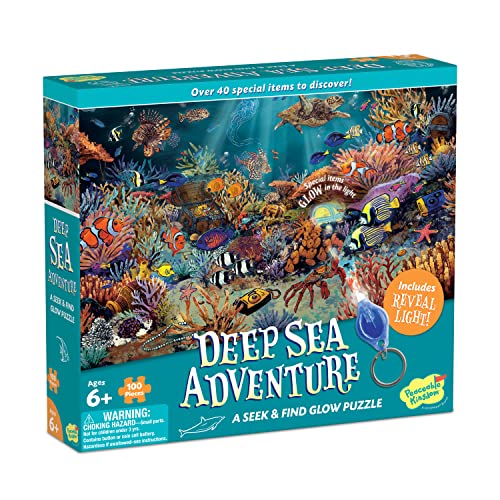 Peaceable Kingdom Deep Sea Adventure Puzzle – 100-Pc. Seek & Find Glow Puzzle for Kids Ages 6 & Up – Included Blacklight Reveals Hidden Items – Great Family Puzzles