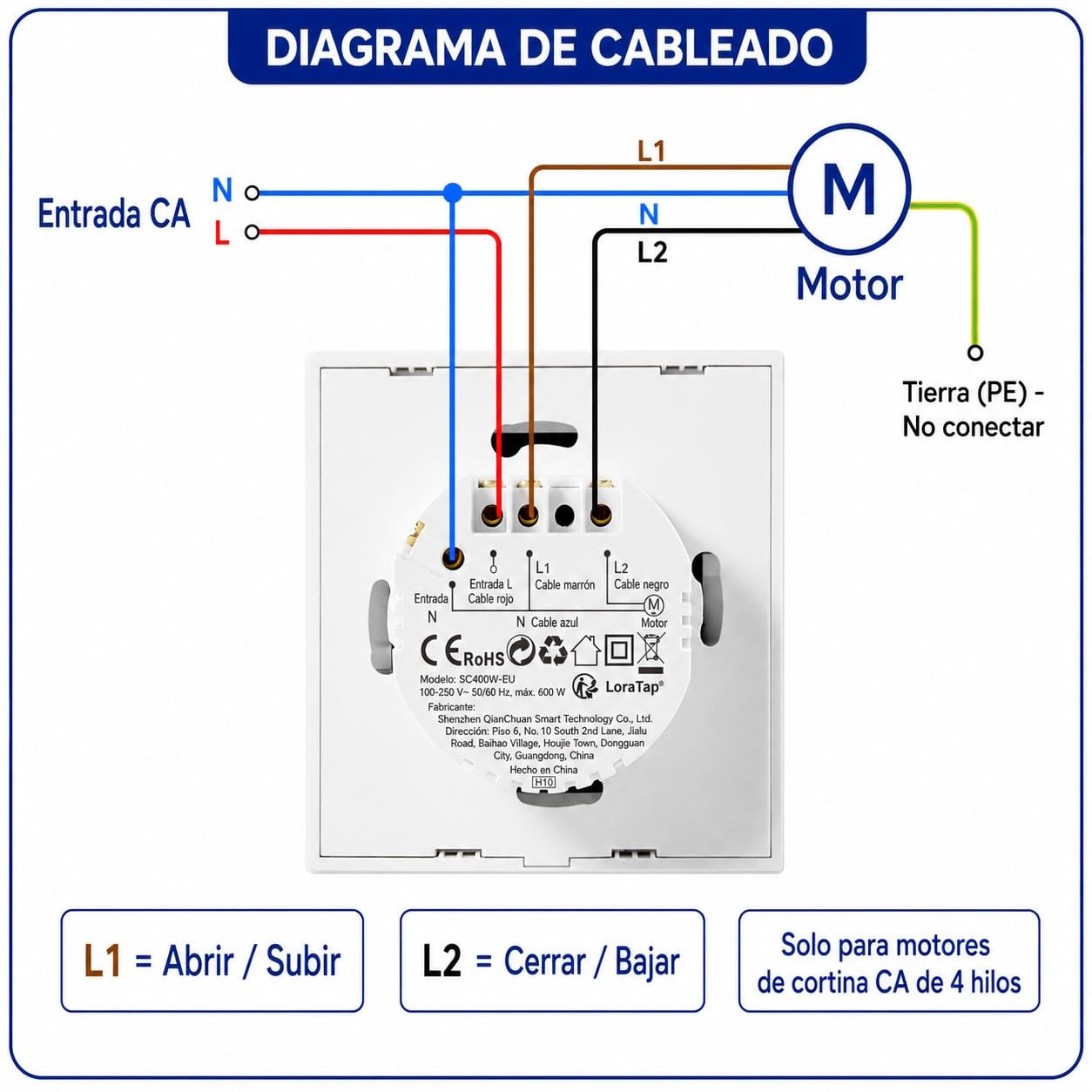 LoraTap Interruptor persiana enrollable inteligente: Sin hub - Temporizador elimina trabajo manual - Control app remoto fuera de casa - Control de voz Alexa/Google - Persianas, estores - 4 hilos 600W