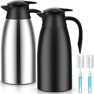Norme 68oz Thermal Coffee Carafe 2-Pack: Insulated Stainless Steel Vacuum Pitcher Keeps Drinks Hot 12Hrs/Cold 24Hrs w/Brushes (Black, Silver)