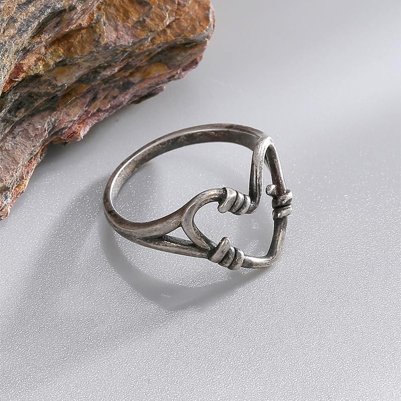 925 Sterling Silver Fashion Knot Hollow Heart Ring Women's Antique Silver Retro Distressed Peach Heart Index Finger Ring Love Simple Fashion Ring Jewelry-Making-Patterns Size 8