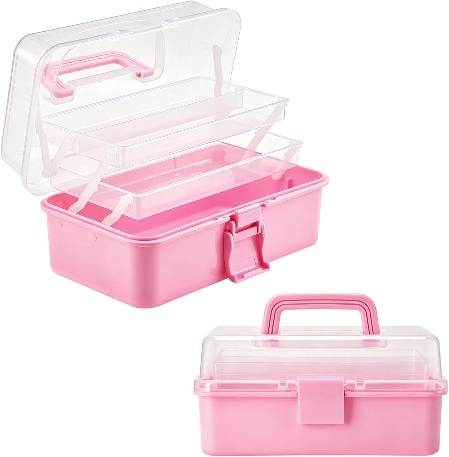 Flytreal 3-Layer Plastic Storage Box with Handle, Small Pink Tool Box Craft Organizer and Storage, Portable Multipurpose Organizer Box for Art Supplies, Makeup, Medicine, Sewing, Stationary, Pencils