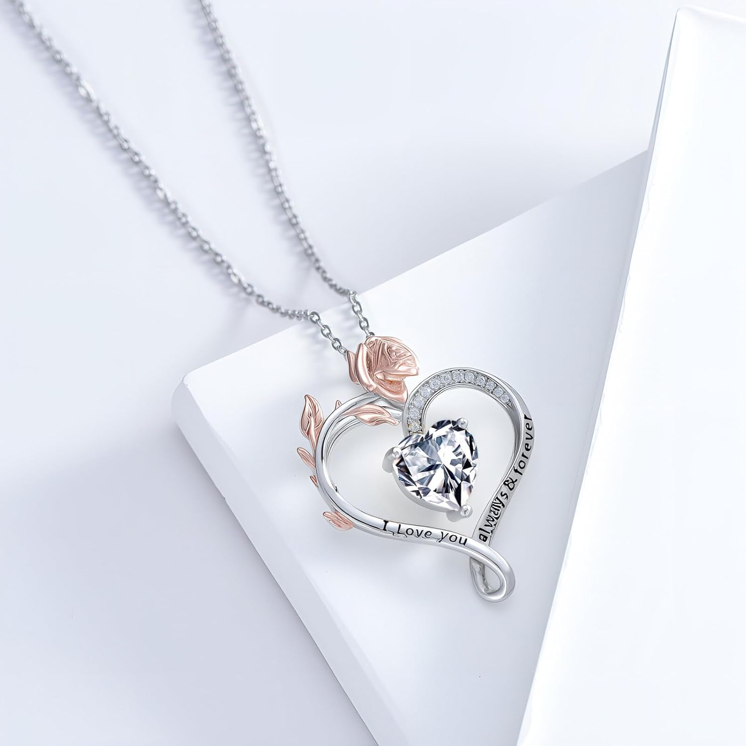 Rose Heart Birthstone Necklace Sterling Silver Heart Birthstone Necklace for Women Birthstone Heart Pendant Valentine's Day Mother’s Day Gift for Mom Wife - Image 2
